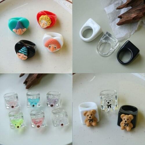 1PC Cute Bear Ring For Women Gift Fashion Shiny Creative Rainbow Resin Animal Eyes Geometric Adjustable Ring Jewelry