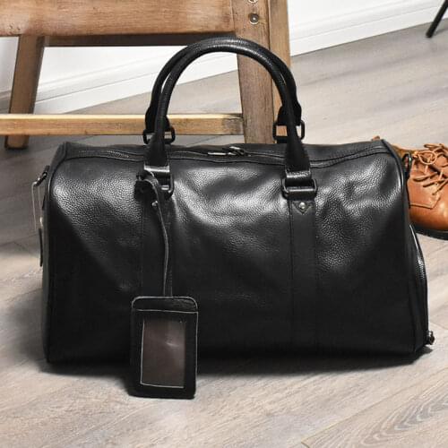100% Genuine Leather Simple Business Black Mens Travel Bag With Shoe Case