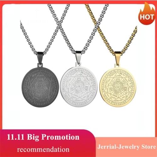 3Colors Religious Pendants Necklaces Gift Vintage Stainless Steel Totem Round Seals Of The Seven Archangels