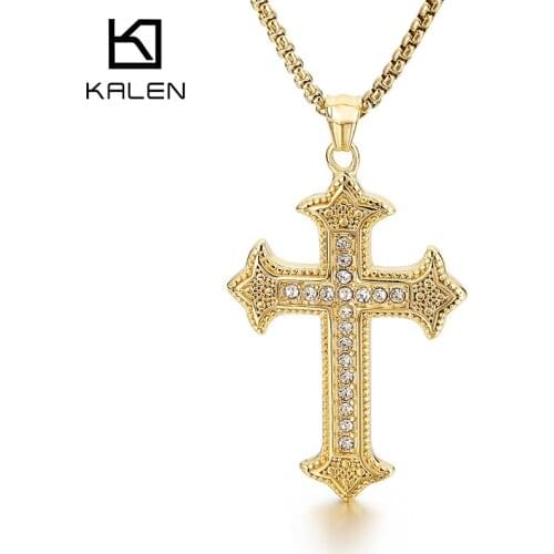 65*41mm Stainless Steel Hip Hop Rock Cubic Zirconia Cross Pendant Necklace Men