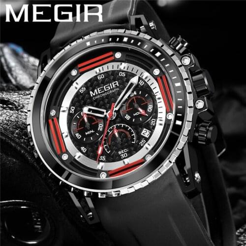 MEGIR Watch Men Waterproof Chronograph Calendar Military Male Clock Top Brand Luxury Black Rubber Man Sport Wristwatch Gift 2143