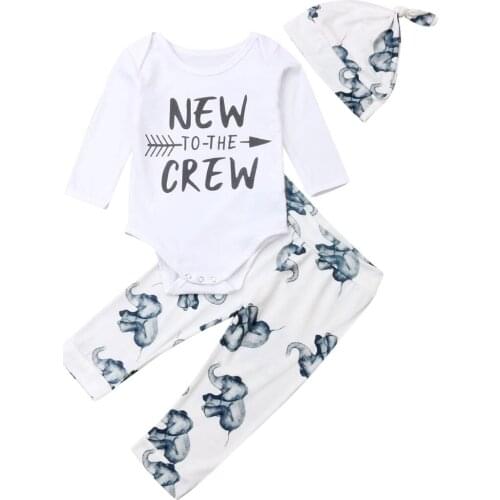 Newborn Infant Baby Boy Kid Bodysuit Top Elephant Print Pants Hat Autumn Winter Clothes 0-24M