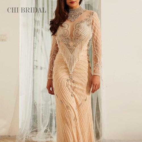 Stand-Up Collar Tassel Beaded Design Evening Dress Fashion Luxury Hollow Perspective Long Dress Elegant Tail Evening Dress