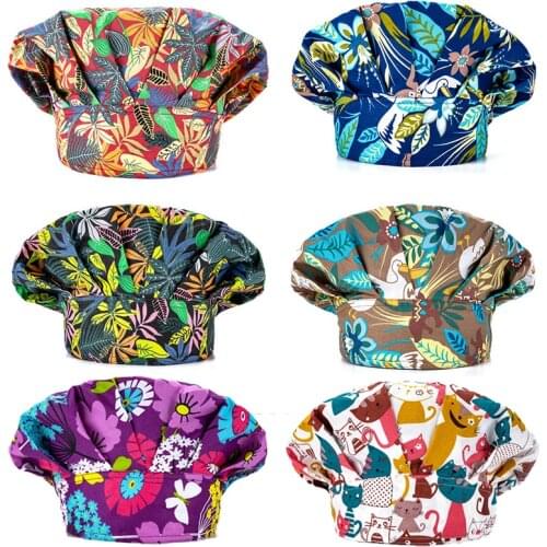 Women Bouffant Scrubs Hats Cotton Sweatband Printed Caps Halloween Pet Shop Beauty Salon Working Hats Washable Work Wear