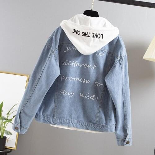 2019 Denim Bomber Jacket Vintage Outwear Autumn Fashion Embroidery Long Sleeve Casual Hooded Jeans Coat Outerwear Plus Size M83