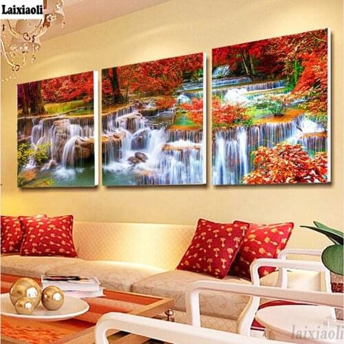 Waterfall Diamond Painting antumn landscape DIY Diamond Embroidery Cross Stitch Mosaic full rhinestone Picture 3 pcs decoration