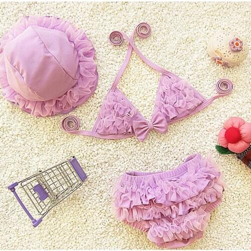 TaoBo 2020 Summer Baby Girls Swimsuits Pink Floral 3 Piece Swimwear For Girl Imitation Pearls Bikini Set Children Swimming Suit