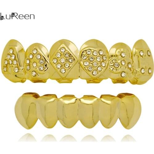 LuReen Poker Shape Gold Teeth Grillz Top Bottom Silver Color Crystal Grills Set Dental Tooth Caps Hip Hop Jewelry