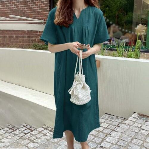 ZANZEA Fashion Solid Midi Dress Beach Casual Loose Vestidos 2021 Summer Cotton Linen Dresses Women Short Sleeve Robe Sarafans