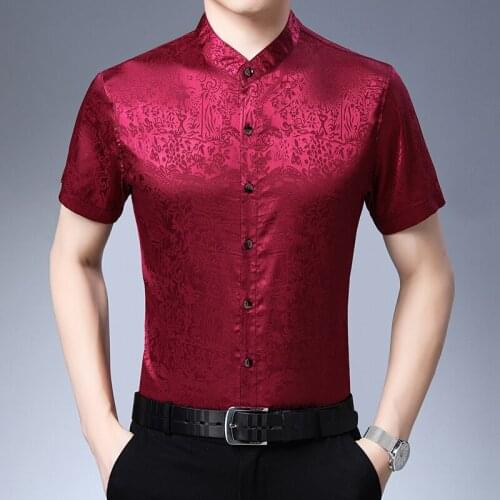 Male Silk Shirt Summer Mens Mandarin Collar Silk Clothes Short Sleeve Floral Shirts