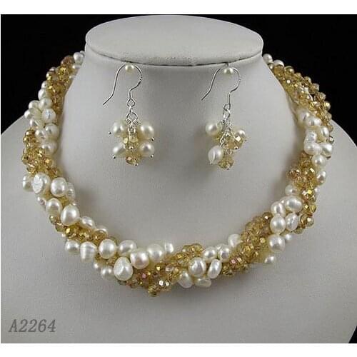Unique Pearls jewellery Store, Perfect Ladys Gift Jewelry Set 4rows Champagne Crystal Freshwater Pearl Necklace Earrings