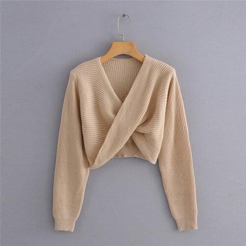 2020 New Crop Tops Women Knitted Sweaters Autumn Winter V Neck Ladies Warm Pullover Vintage Sexy Short Style