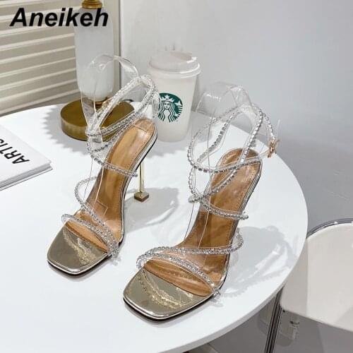 Aneikeh PVC Thin Heels Bling Ankle Strap Square Toe Sexy Sandals Party Cryst Classics Gladiator Polka Dot Summer Women Shoes NEW