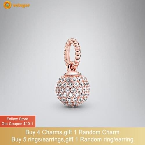 Volayer 925 Sterling Silver Bead Pave Ball Pendant Charm fit Original Pandora Bracelets for Women Jewelry Making Birthday Gift