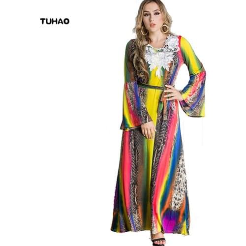 TUHAO 2017 Autumn Winter Women Dress Musilim Appliques Maxi Long Flare Sleeve Vintage Print Plus Size Clothing 6XL 7XL ST58
