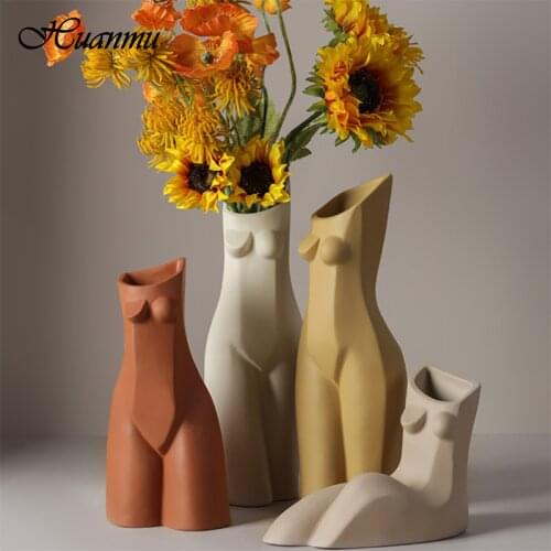 Human Body Vase Bust Statue Ceramic Porcelain Flower Pot Decor Ornaments With Artificial Flower Combination Home Accessories