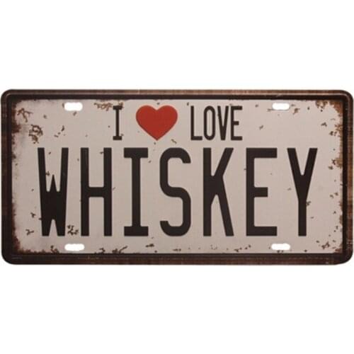 Vintage Car License Plate Tin Sign Decor Metal Bar Beer Poster I Love Whiskey 15x30CM