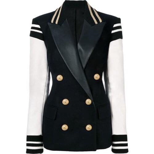 TOP QUALITY Newest Fashion 2021 Designer Stylish Blazer for Ladies Leather Patchwork Double Breasted Varsity Blazer Jacket