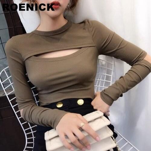 ROENICK Womens T-Shirts Chest Hollow Out Solid O-Neck T-Shirt Women Long-Sleeved Cut Skinny Bottoming Shirt Trendy Slim Tee
