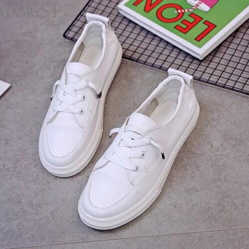 2021 Spring Surface White Casual Breathable Flats Fashion Lace-Up Sneakers Women Vulcanized Shoes Leather Platform Shoes