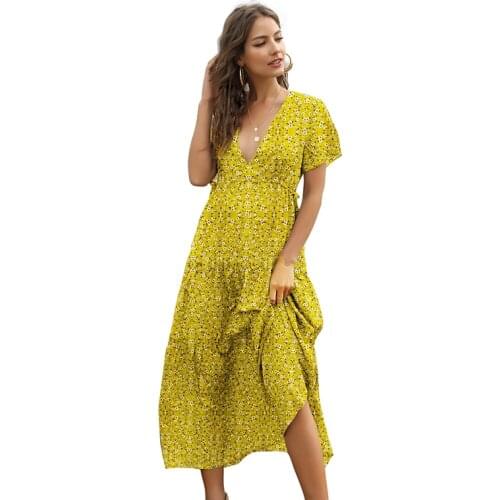 Print Floral V Neck Bohemian Ruffle Dress Short Sleeve 2021 New Spring Summer Fashion White Yellow Green Blue Feminina CX1456