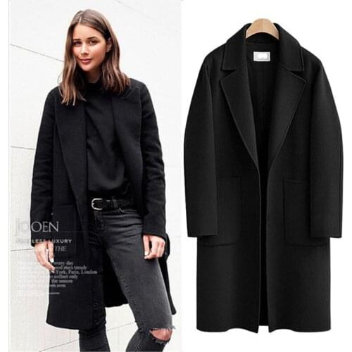 Plus Size Winter Thick Long Black Wool Coat Women Simple Retro Woolen Coat Ladies Manteau Femme Cappotto Donna Winterjas Dames