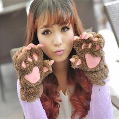 1Pair Women Girls Cute Cat Kitten Paw Claw Warm Gloves Soft Anime Cosplay Plush for Halloween Party Accessories