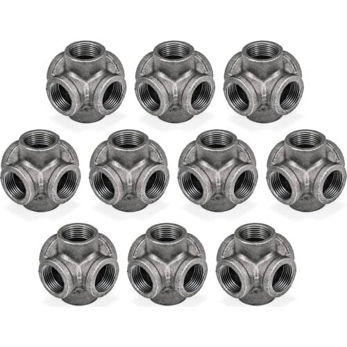10 Packs Pipe 6 Way Side Outlet Cross Black Cast Iron Pipe Decor Fitting with Thread Hole for Vintage Retro Steampunk Industrial