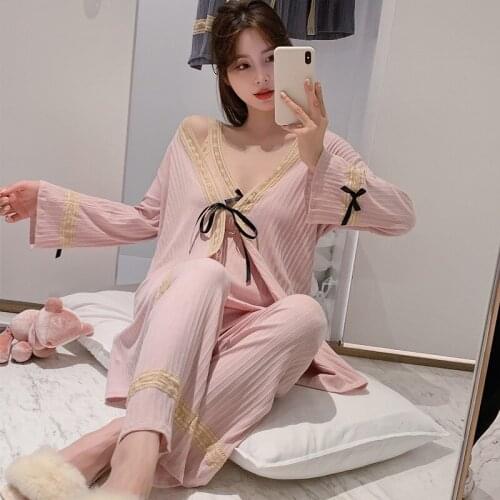 Cotton 3PCS Pajamas Suit Women Sleepwear With Bow Stripe Kimono Robe Gown Sexy V-Neck Pyjamas Pour Femme Nightwear Lingerie