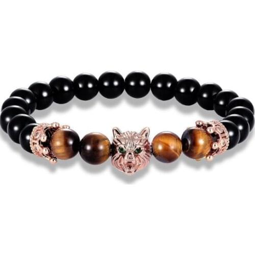 8mm wolf crown yellow Tigereye gold silver copper cz zircon cubic zirconia beads bohemian Bracelet agate Onyx Stone Bangles frg5