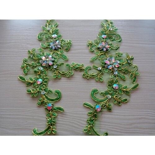 Hand made sew on Green lace rhinestones applique with Golden wire edge Delicate embroidered 25*10cm for dress