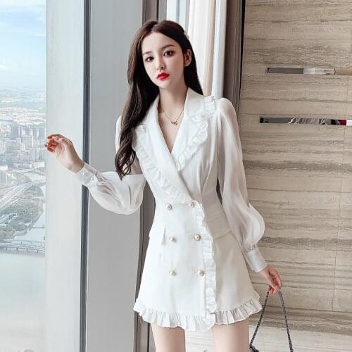 White Black Spring Dresses 2020 New Lapel Double-Breasted Dress Puff Sleeve Short Dress Korean Fashion Streetwear Vestido AA5600