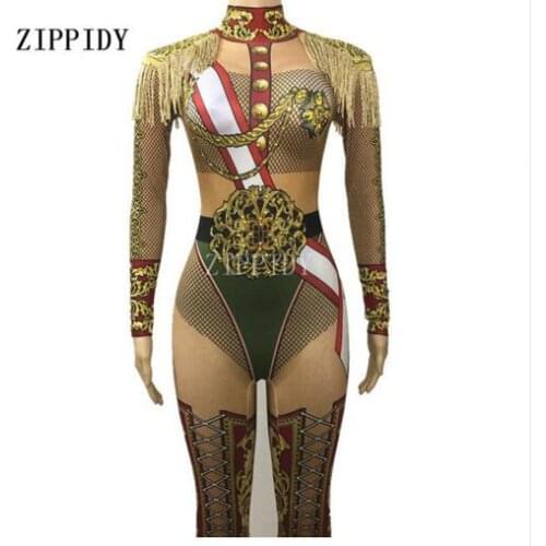 Shining Military Uniform Sexy Bodysuit One-piece Costume Singer Stage Wear Tassel Dance WEAR Party Stretch Nude Outfit