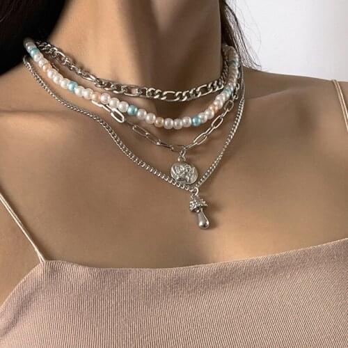 Find Me Vintage Geometric Imitation Pearl Beaded Mushroom Portrait Pendant Necklace For Women Jewelry Accessories