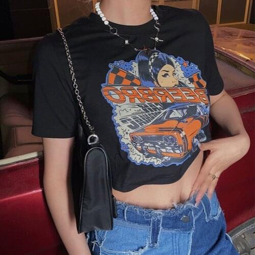 Ulzzang tees dark Vintage big size cartoon T-shirt Gothic Y2K women T-shirt short-sleeved Harajuku Clothing hip-hop Crop Tops