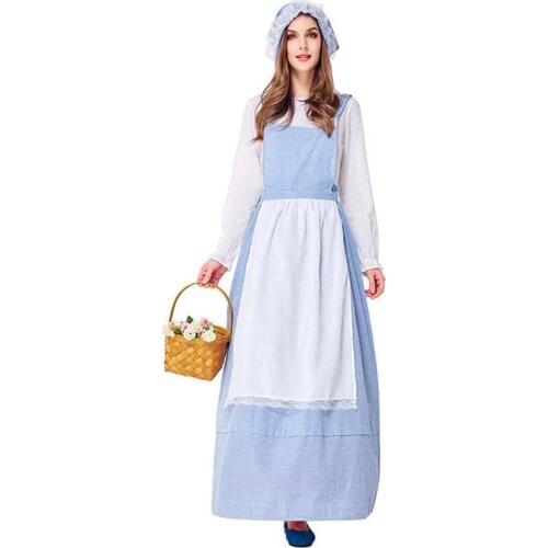 Halloween Fantasia Party Cosplay Farm Maid Costume Sky Blue Plaid Kitchen Lady Dress M-2XL