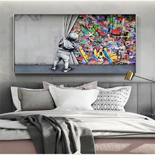 Graffiti Art Boy Behind the Curtain Canvas Paintings on The Wall Art Posters and Prints Modern Street Art Wall Cuadros Pictures