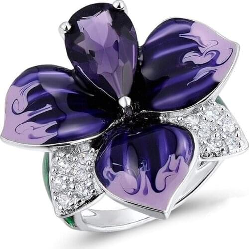 Fashion Silver Enamel Big Flower Wedding Rings for Women Unique Animals Cubic Zirconia Engagement Ring Female Party Boho Jewelry