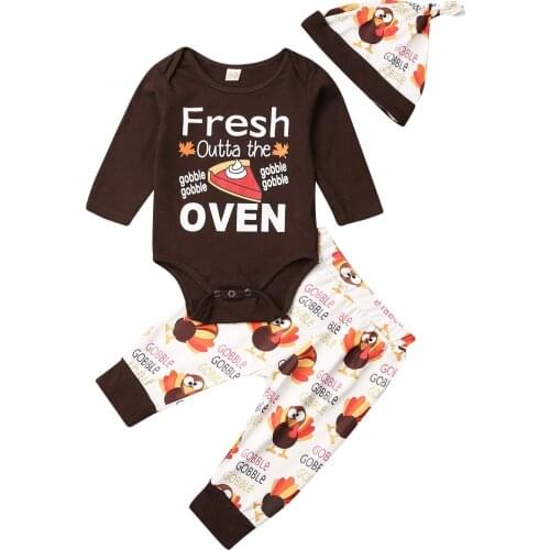 Baby Newborn Toddler SetsFirst Thanksgiving Infant Baby Boy Girl Cartoon Printed Romper Pants Hat Outfits Clothes Fashion