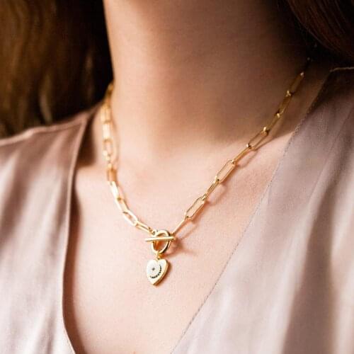 Heart signet charm open link chain paper clip chain women fashion necklace gold fashion jewelry