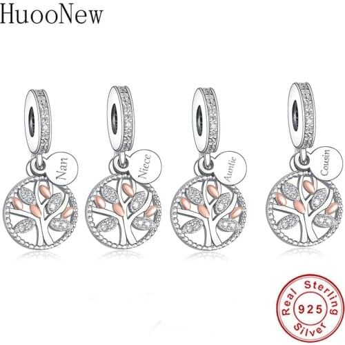 Fit Original Pandora Charm Bracelet 925 Sterling Silver Rose Gold Leaf Family Tree Bead For Women Nan Niece Cousin Berloque 2021
