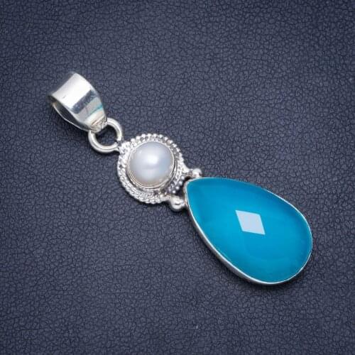 Natural Chalcedony and River Pearl Handmade Unique 925 Sterling Silver Pendant 1.75" A0279
