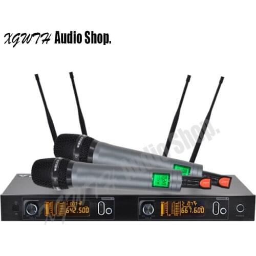 Professional Audio Diversity Receiver UHF Wireless Microphone System 2 Channel 2 Dynamic Cardioid Handheld Video Karaoke Mic