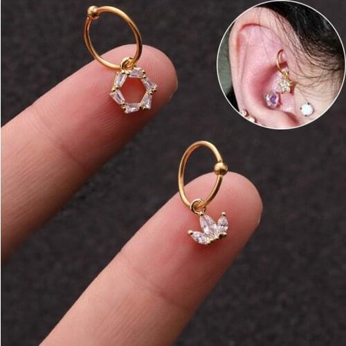 20 Style Gold Hoop Body Jewelry Moon Star Flower Heart Cross Geometric Pendant Zircon Cartilage Piercing Ear Cuff Earring