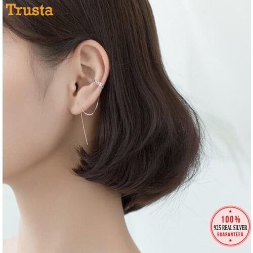 Trustdavis 100% 925 Sterling Silver Earrings Chain Ear Clip With 8.8cm Line Pretty Teen Girl Women Silver 925 Jewelry Gift DT41