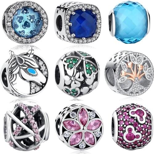 ELESHE 925 Sterling Silver Blue Radiant Hearts Pink CZ Crystal Charm Bead Fit Original Bracelet Necklace Jewelry Making