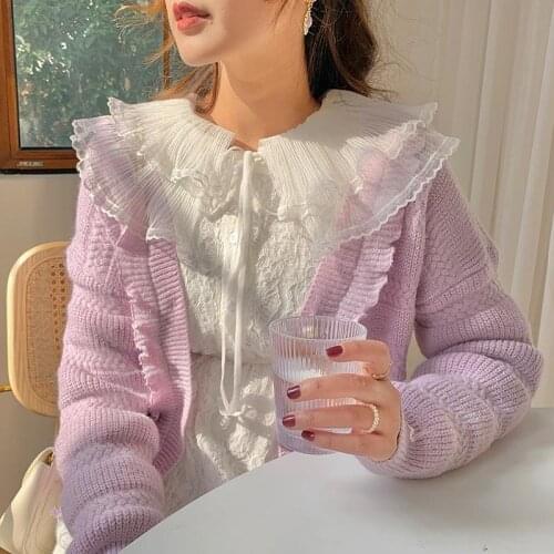 Warm Elegant Kawaii Knit Sweaters Women Loose Blue Japanese Sweet Vintage Cardigan Korean Fashion Princess Sweaters Autumn 2021