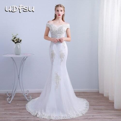 UDFSU Women Boat Neck Elegant Wedding Dress Off Shoulder Vintage Bride Gowns Backless Bodycon Lace Wedding Gown