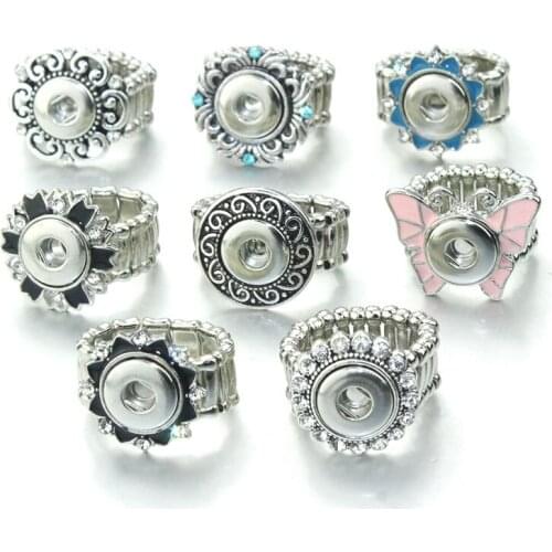 Vintage Crystal DIY Elastic Adjustable Snaps Ring Fit 12mm Metal Snap Buttons Womens Fashion Jewelry Mens Ring 8128
