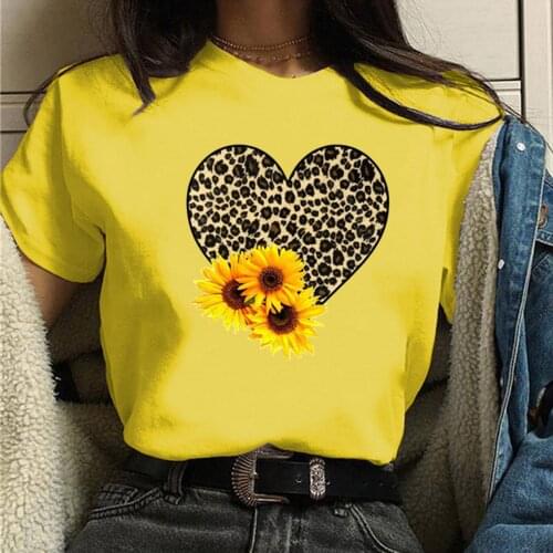 XS-4XL Young girl Women O-Neck Heart Sunflower Print T-shirt Top Short Sleeve Casual Loose Blouse t shirt femme Multicolor T5